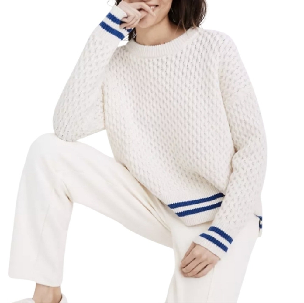 Madewell | Women's White Crewneck Knit Sweater w/ Blue Striped Trim (Size Large)